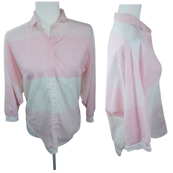 Vintage Tops - Vintage Angelique Imports Striped Cotton Button Down Shirt Pink White Size Small